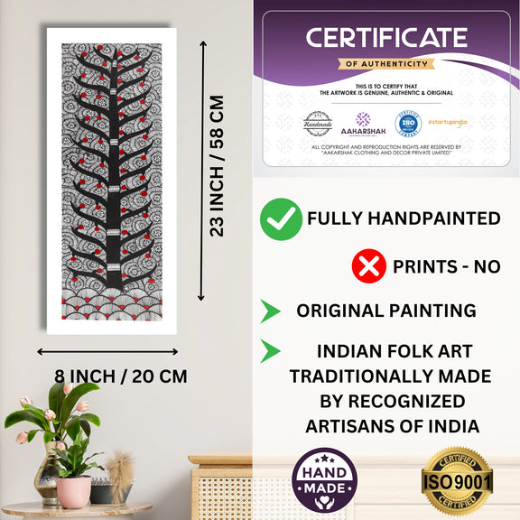 Framed artwork with dimensions, authenticity certificate and handmade iso certified-tree of life madhubani painting