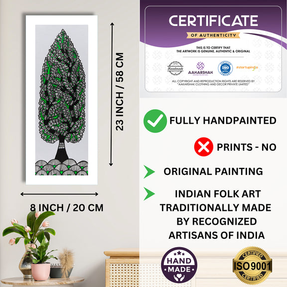 Framed artwork with dimensions, authenticity certificate and handmade iso certified-tree of life madhubani painting