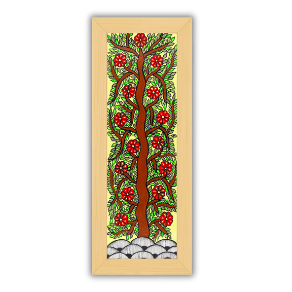 Framed artwork of a colorful tree of life-with handmade madhubani painting 