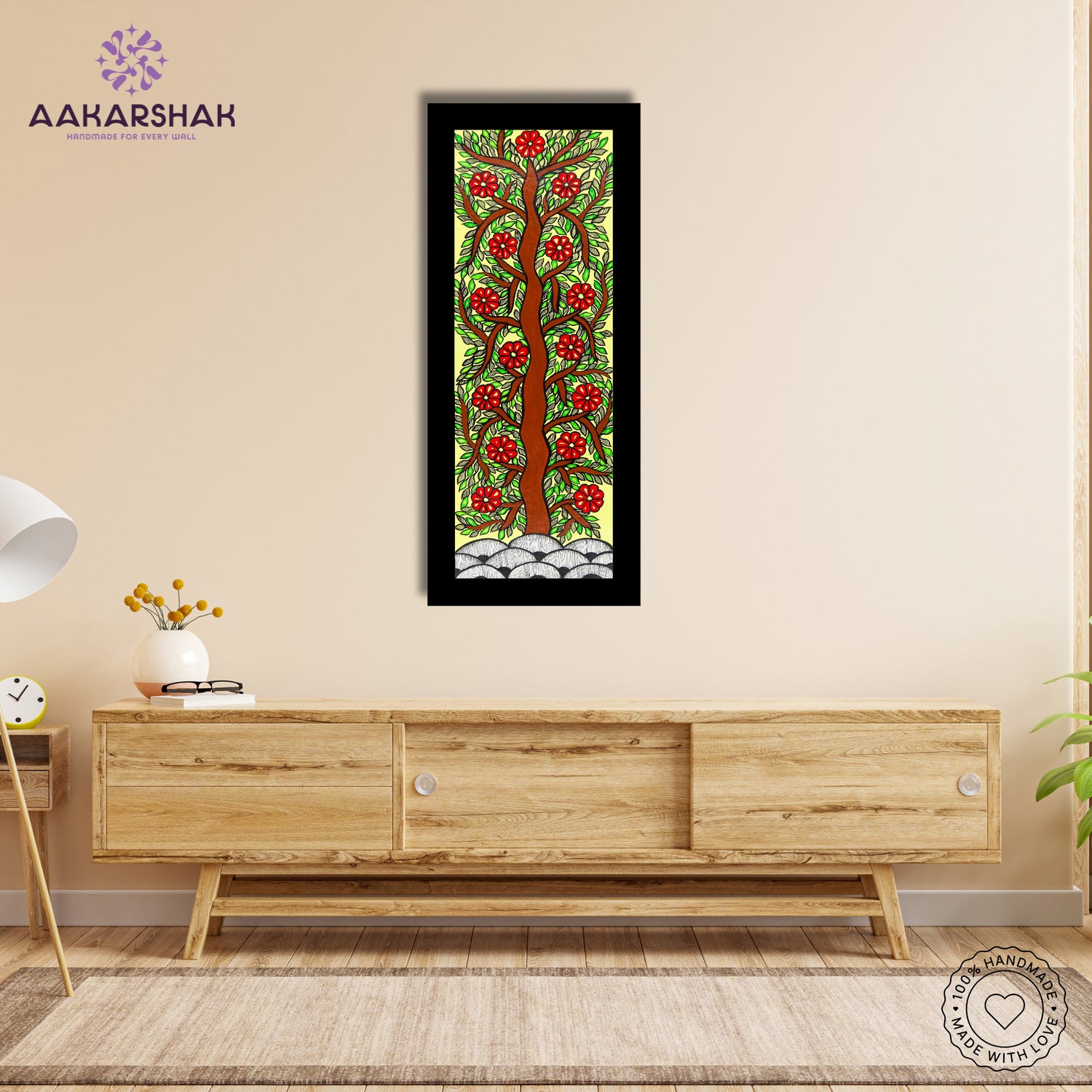 Framed artwork with tree of life design -handmade madhubani painting for home decor