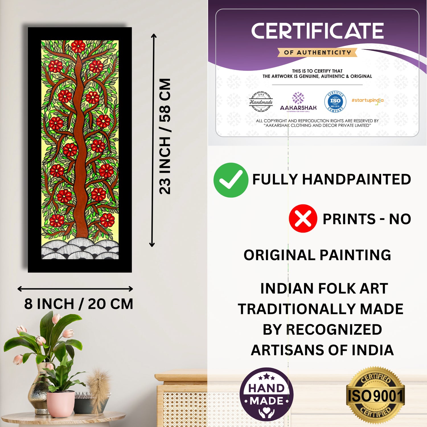 Framed artwork with dimensions, authenticity certificate and handmade iso certified-tree of life madhubani painting