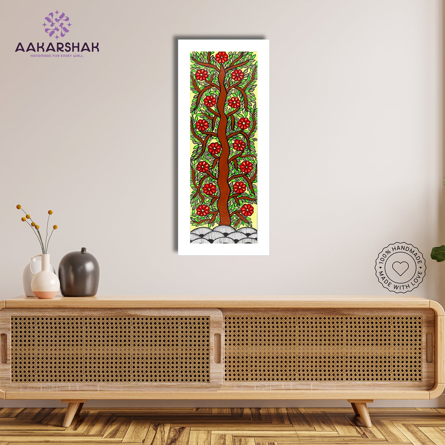 Framed artwork with tree of life design -handmade madhubani painting for home decor