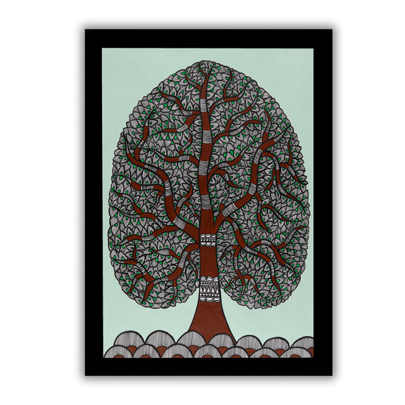 Framed artwork of a colorful tree of life-with handmade madhubani 
