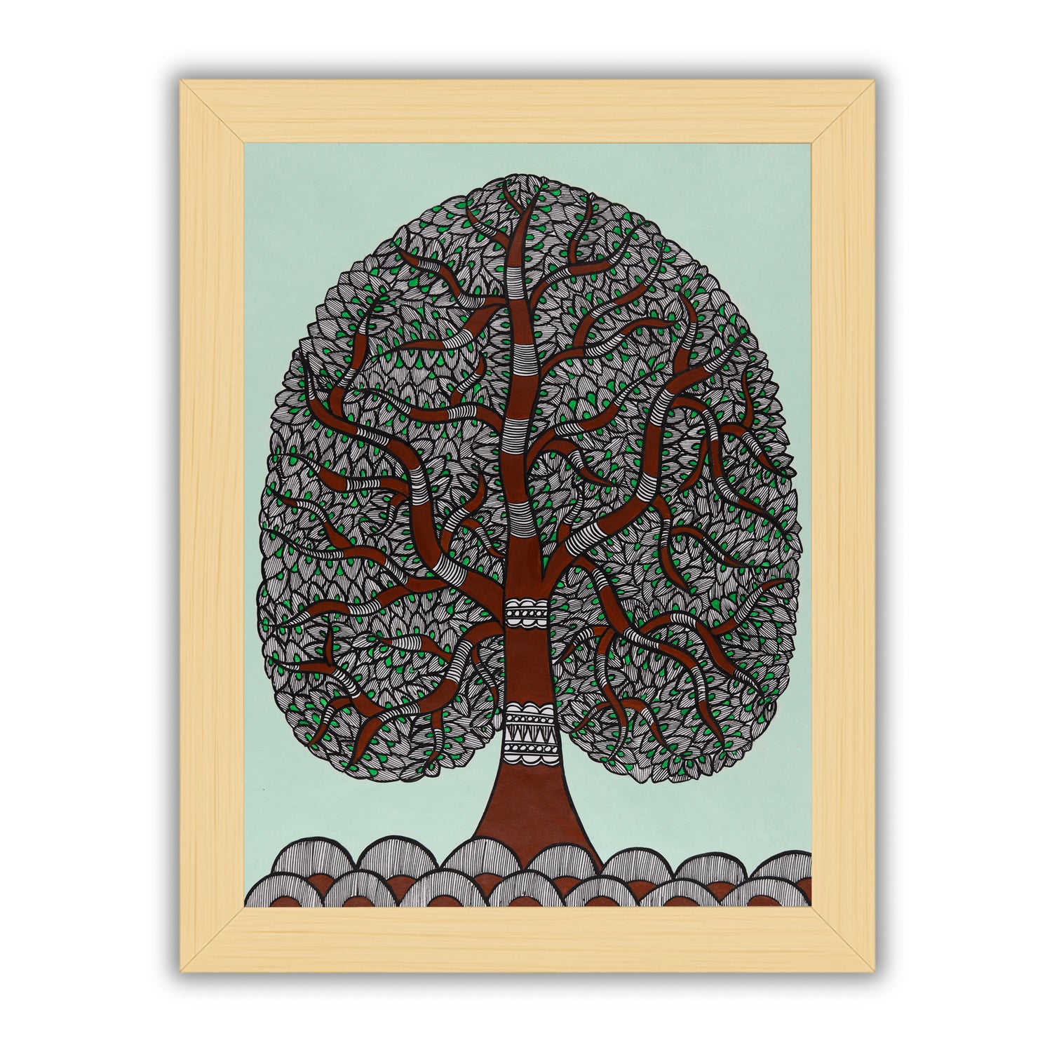 Framed artwork of a colorful tree of life-with handmade madhubani 
