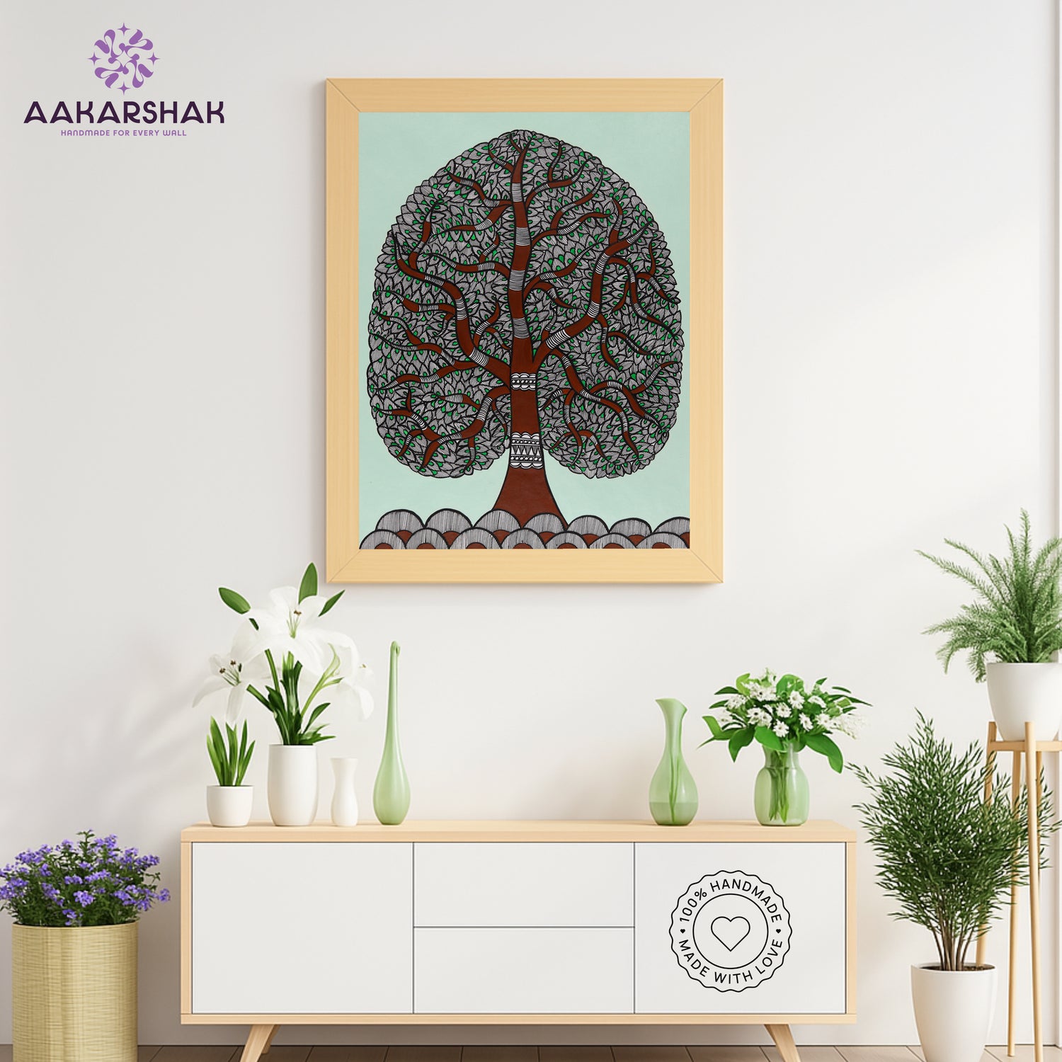 Framed artwork with tree of life design -handmade madhubani painting for home decor