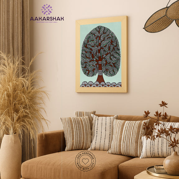 vibrant handmade tree of life painting-depicting indian folk 