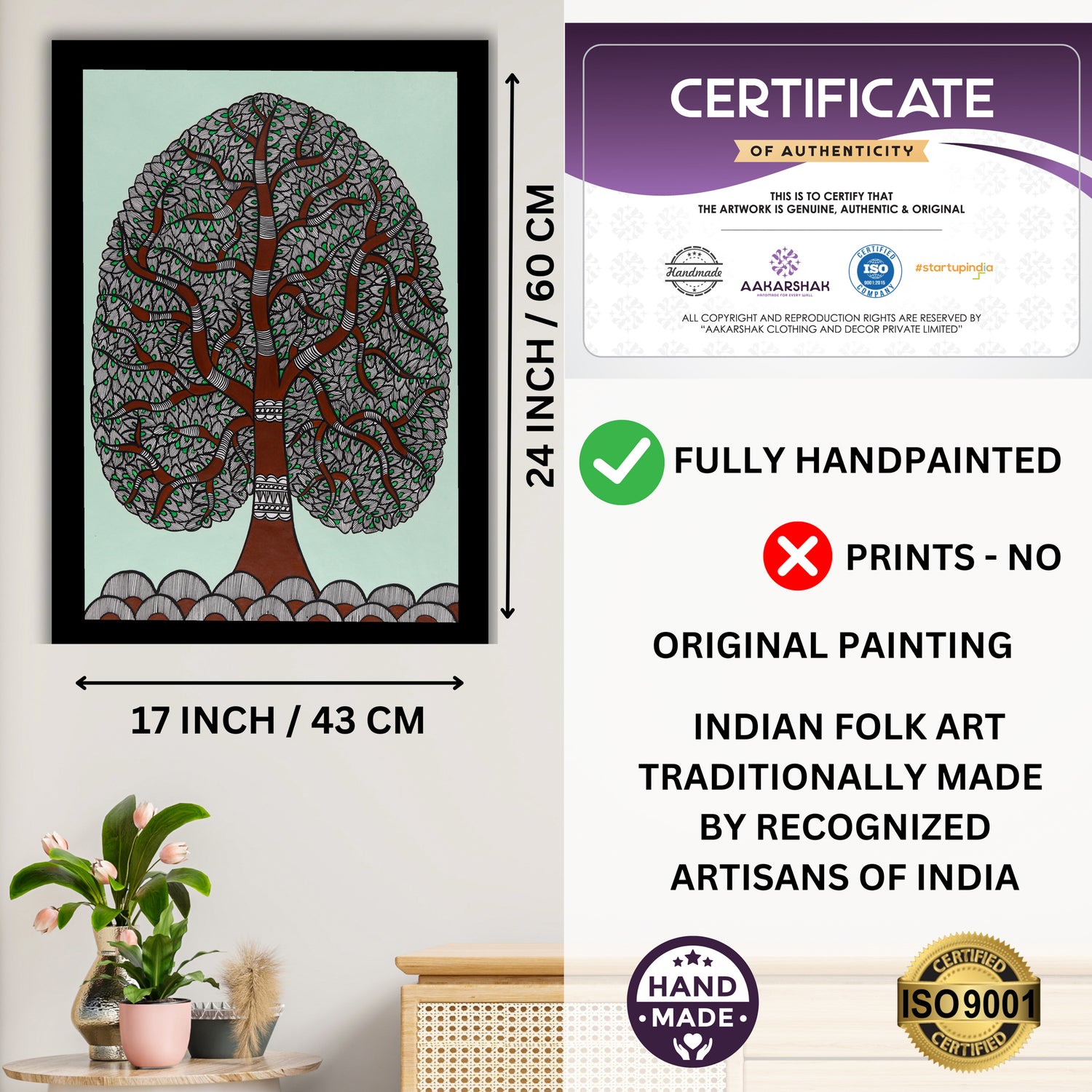 Framed artwork with dimensions, authenticity certificate and handmade iso certified-tree of life madhubani painting