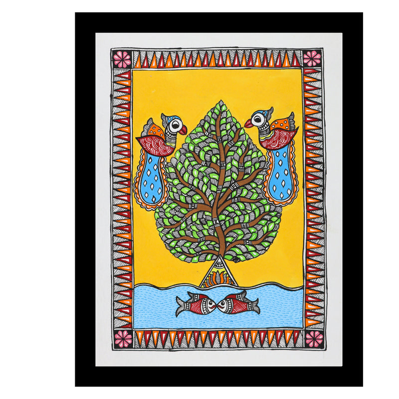 Framed artwork of a colorful tree of life-with handmade madhubani painting 