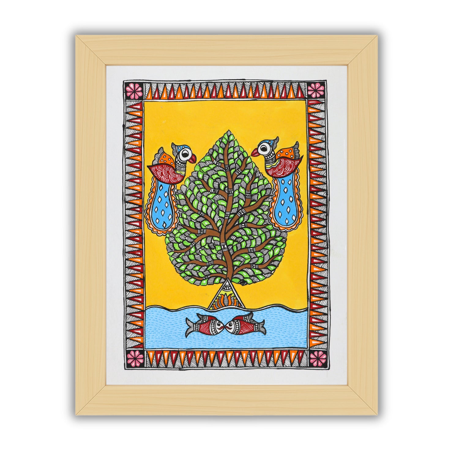 Framed artwork of a colorful tree of life-with handmade madhubani painting 