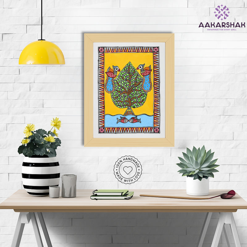 Framed artwork with tree of life design -handmade madhubani painting for home decor