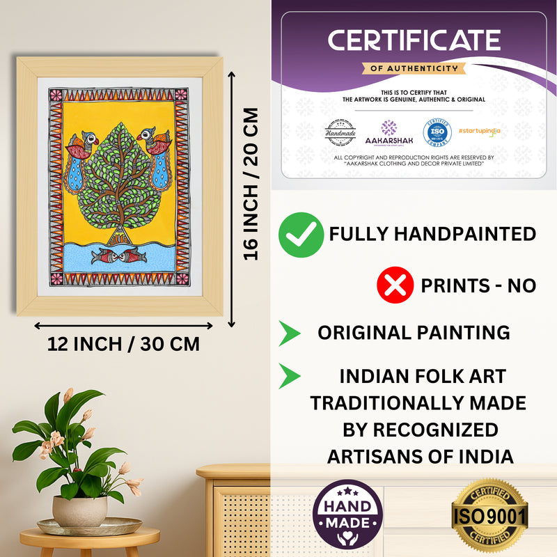 Framed artwork with dimensions, authenticity certificate and handmade iso certified-tree of life madhubani painting