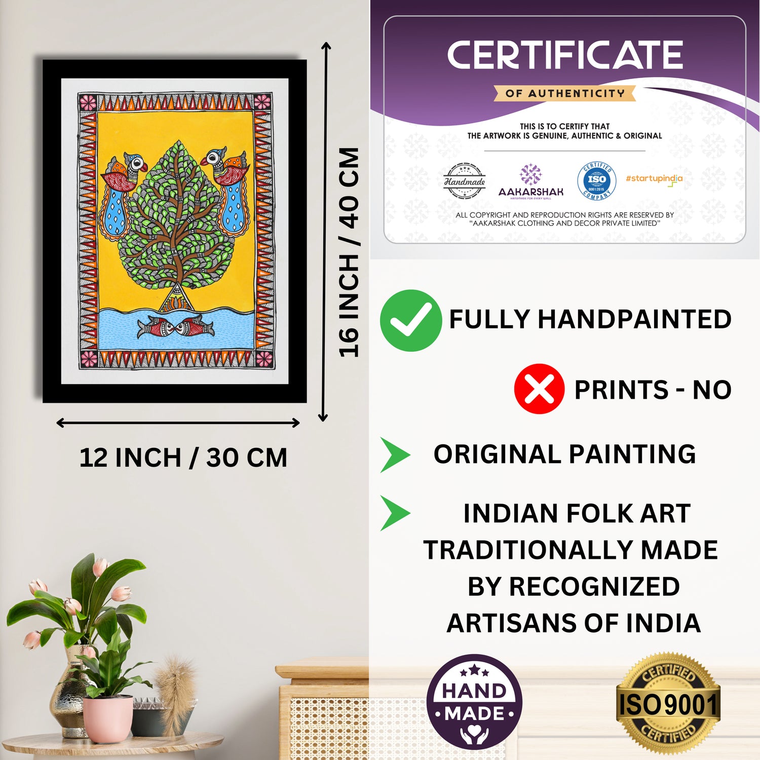 Framed artwork with dimensions, authenticity certificate and handmade iso certified-tree of life madhubani painting