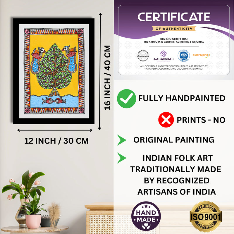 Framed artwork with dimensions, authenticity certificate and handmade iso certified-tree of life madhubani painting