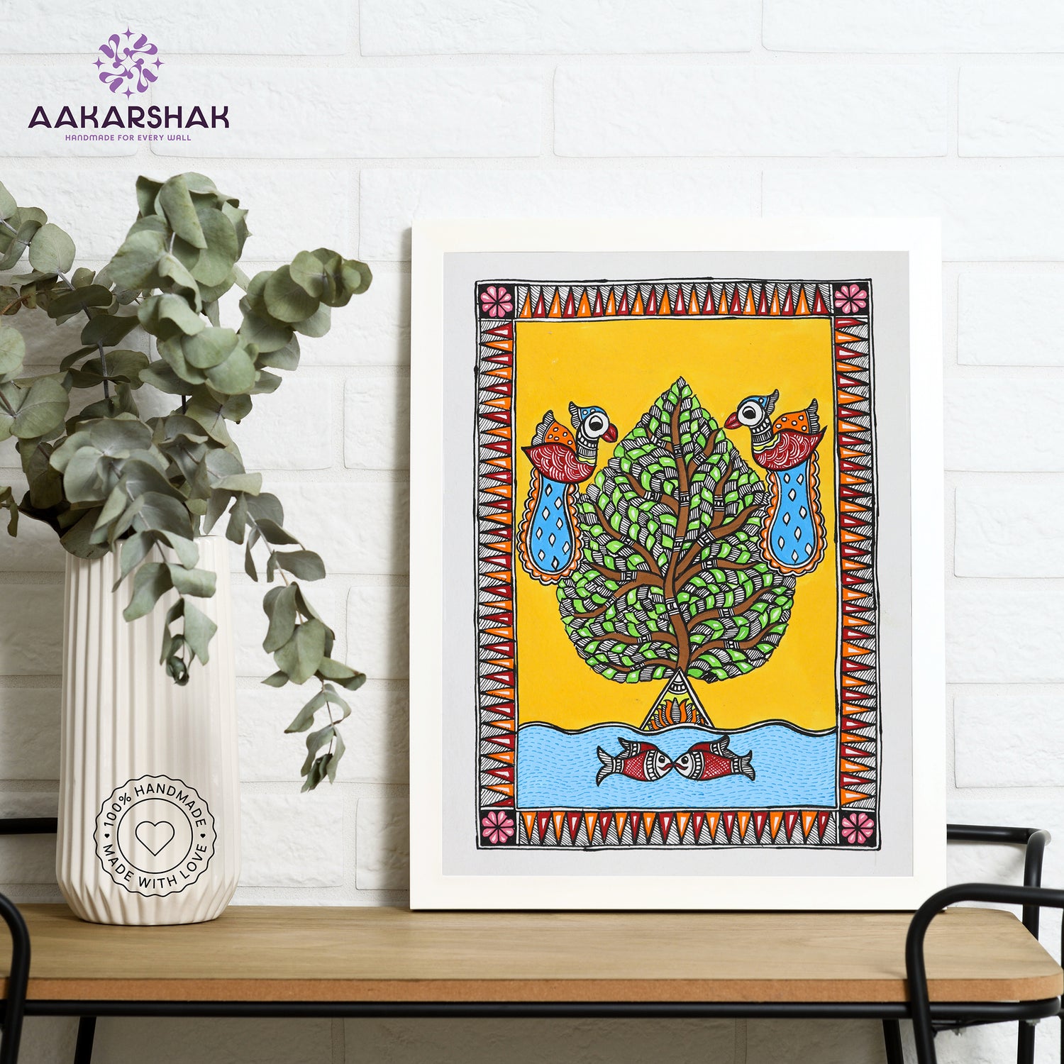 Framed artwork with tree of life design -handmade madhubani painting for home decor