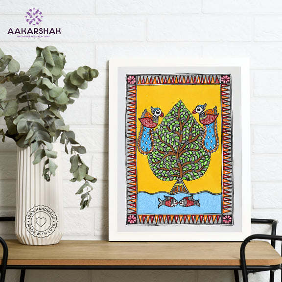Framed artwork with tree of life design -handmade madhubani painting for home decor