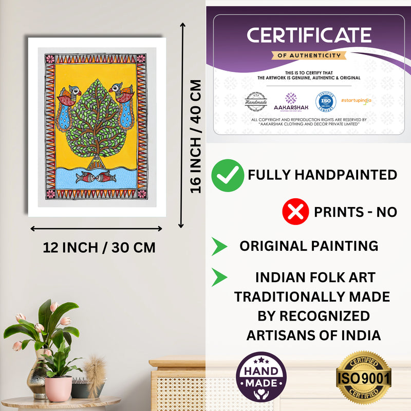 Framed artwork with dimensions, authenticity certificate and handmade iso certified-tree of life madhubani painting