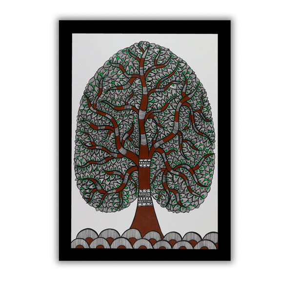 Framed artwork of a colorful tree of life-with handmade madhubani 