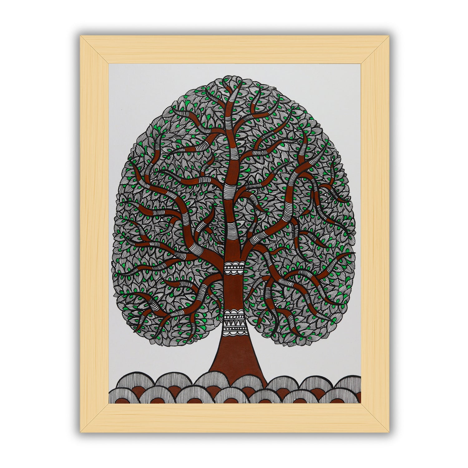 Framed artwork of a colorful tree of life-with handmade madhubani 