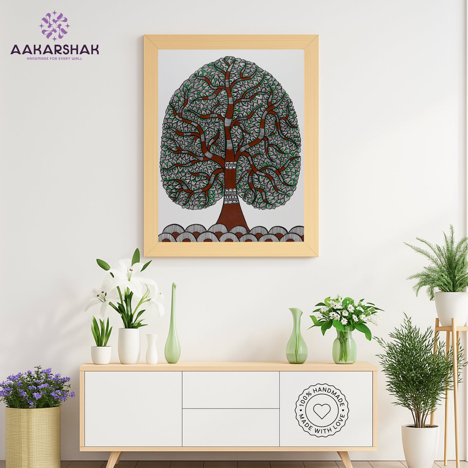 Framed artwork with tree of life design -handmade madhubani painting for home decor