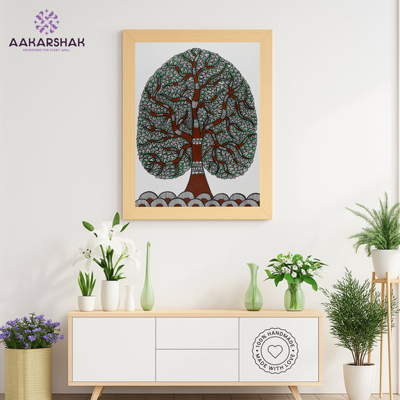 Framed artwork with tree of life design -handmade madhubani painting for home decor