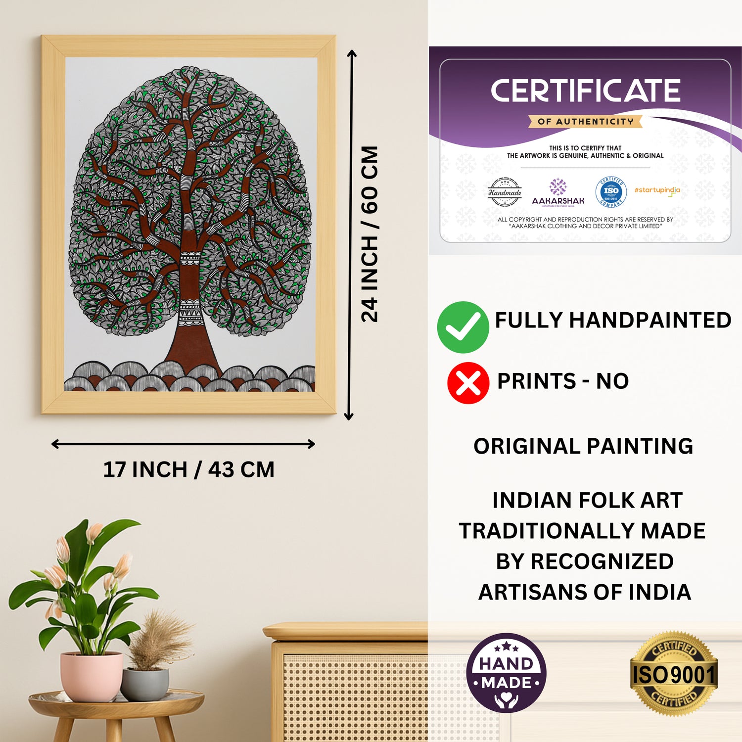 Framed artwork with dimensions, authenticity certificate and handmade iso certified-tree of life madhubani painting