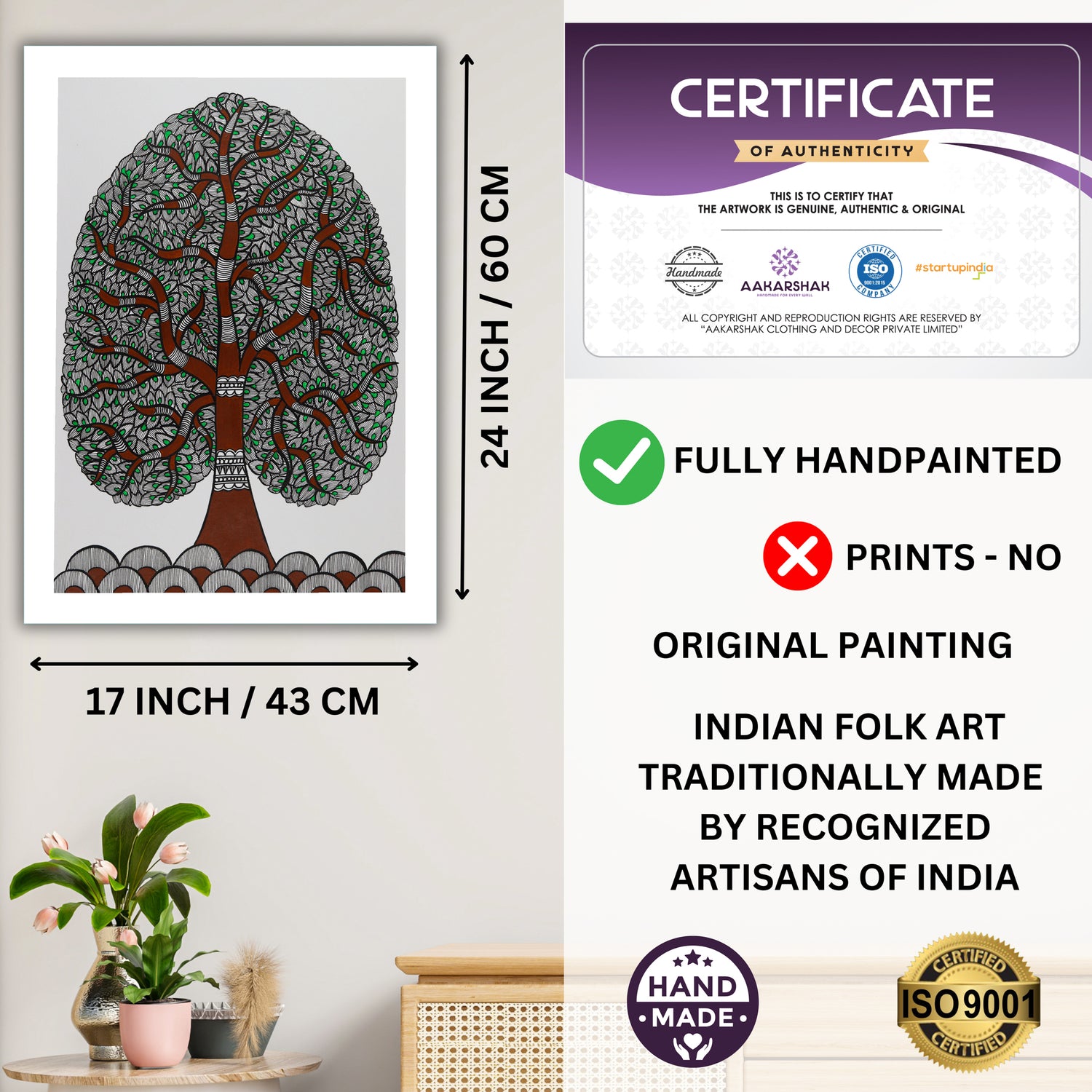 Framed artwork with dimensions, authenticity certificate and handmade iso certified-tree of life madhubani painting