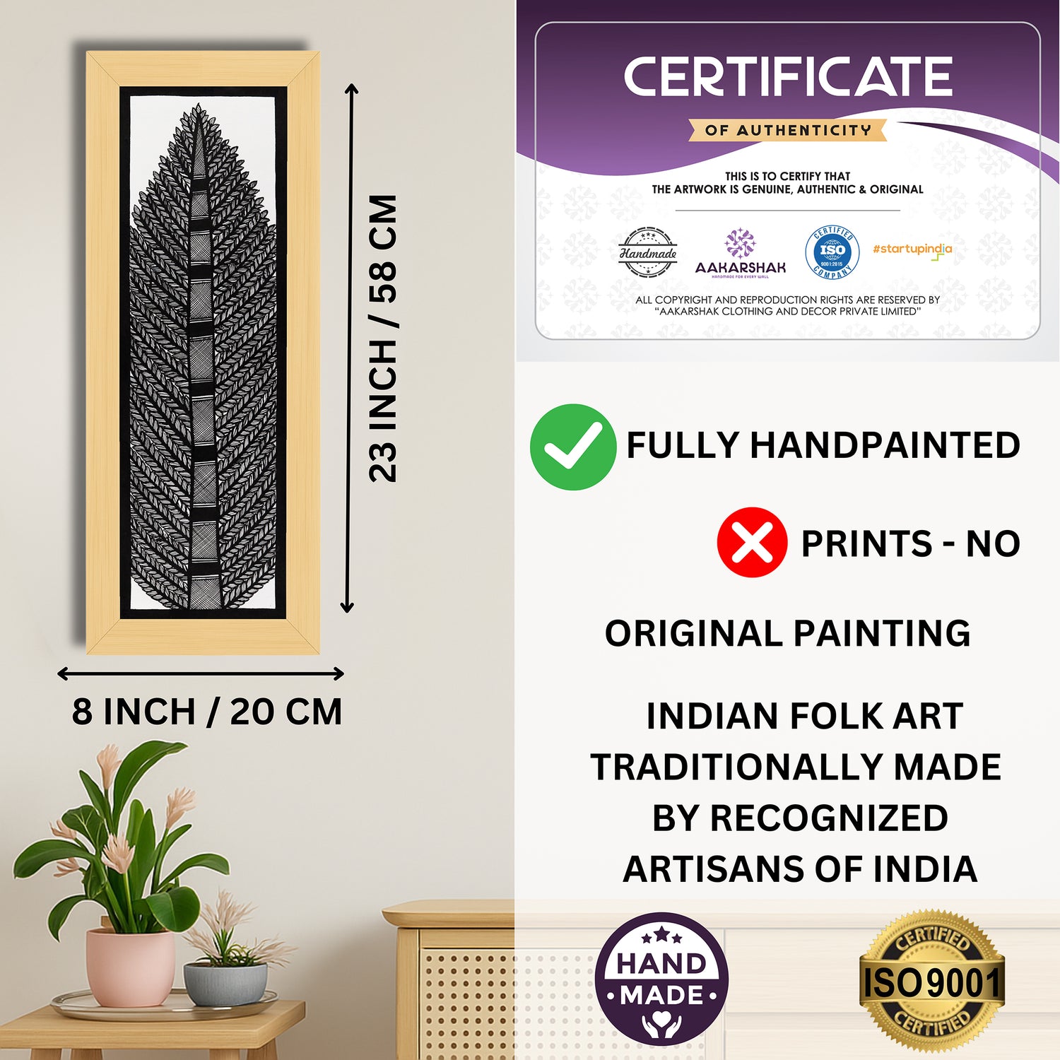 Framed artwork with dimensions, authenticity certificate and handmade iso certified-tree of life madhubani painting