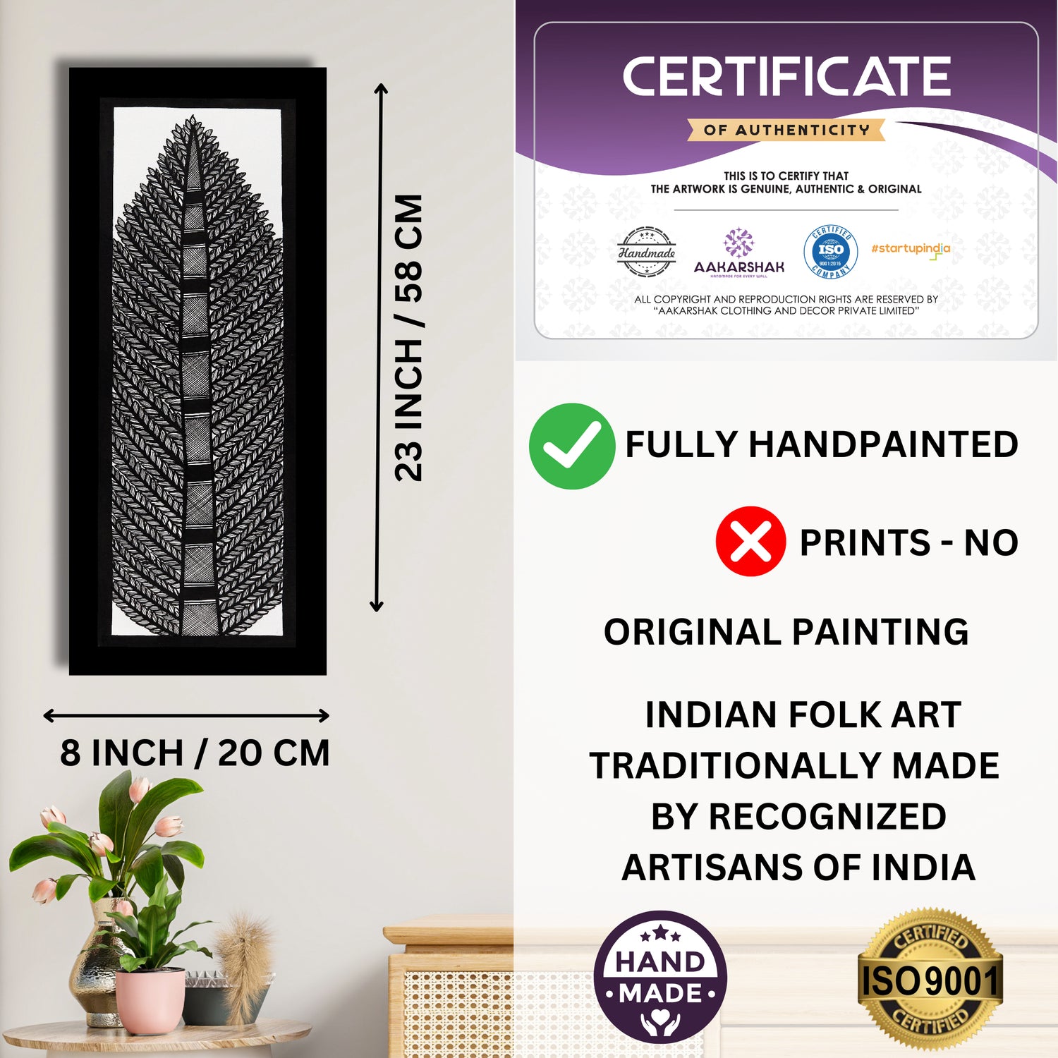 Framed artwork with dimensions, authenticity certificate and handmade iso certified-tree of life madhubani painting