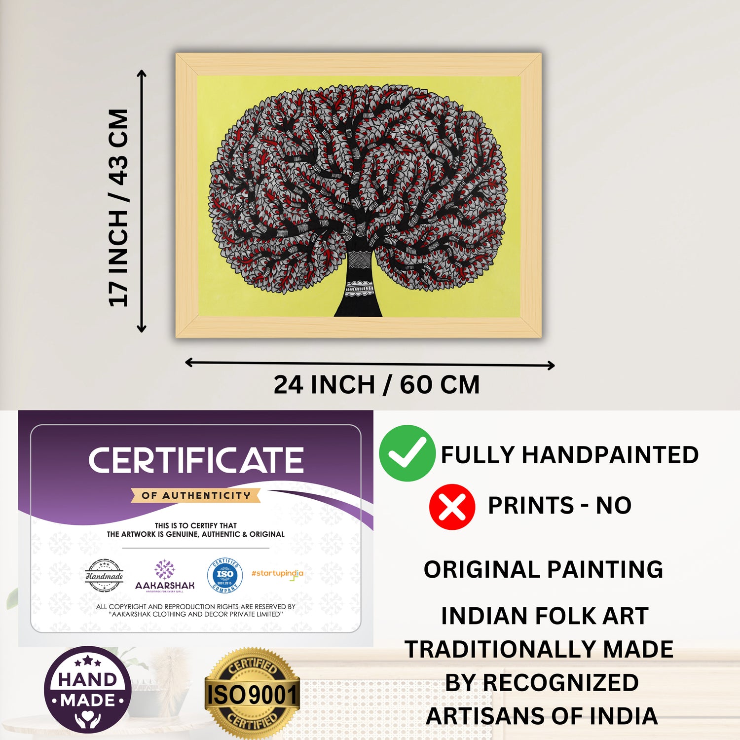 Framed artwork with dimensions, authenticity certificate and handmade iso certified-tree of life madhubani painting
