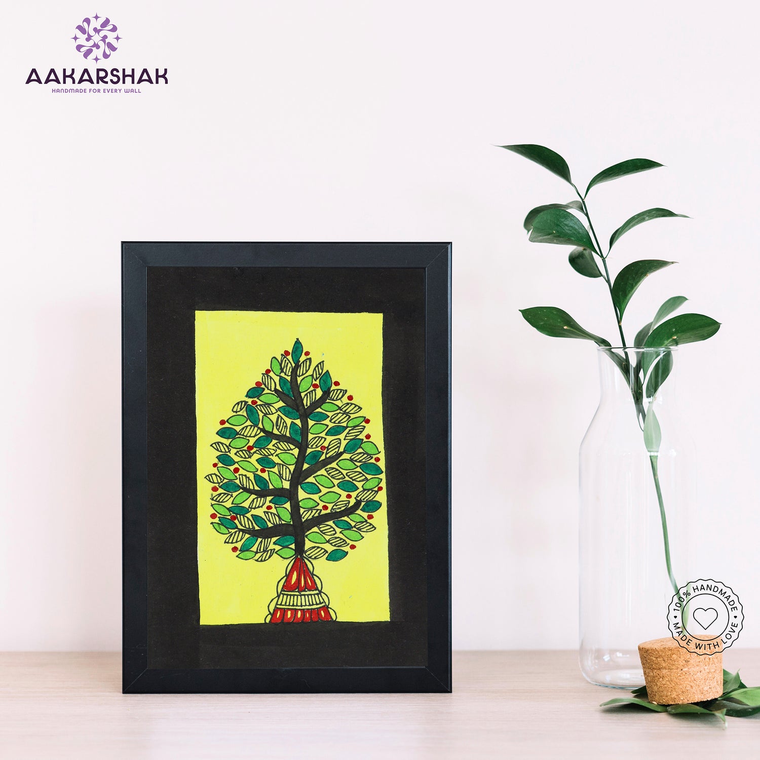Handmade Madhubani flower painting-with tabletop stand for home decor
