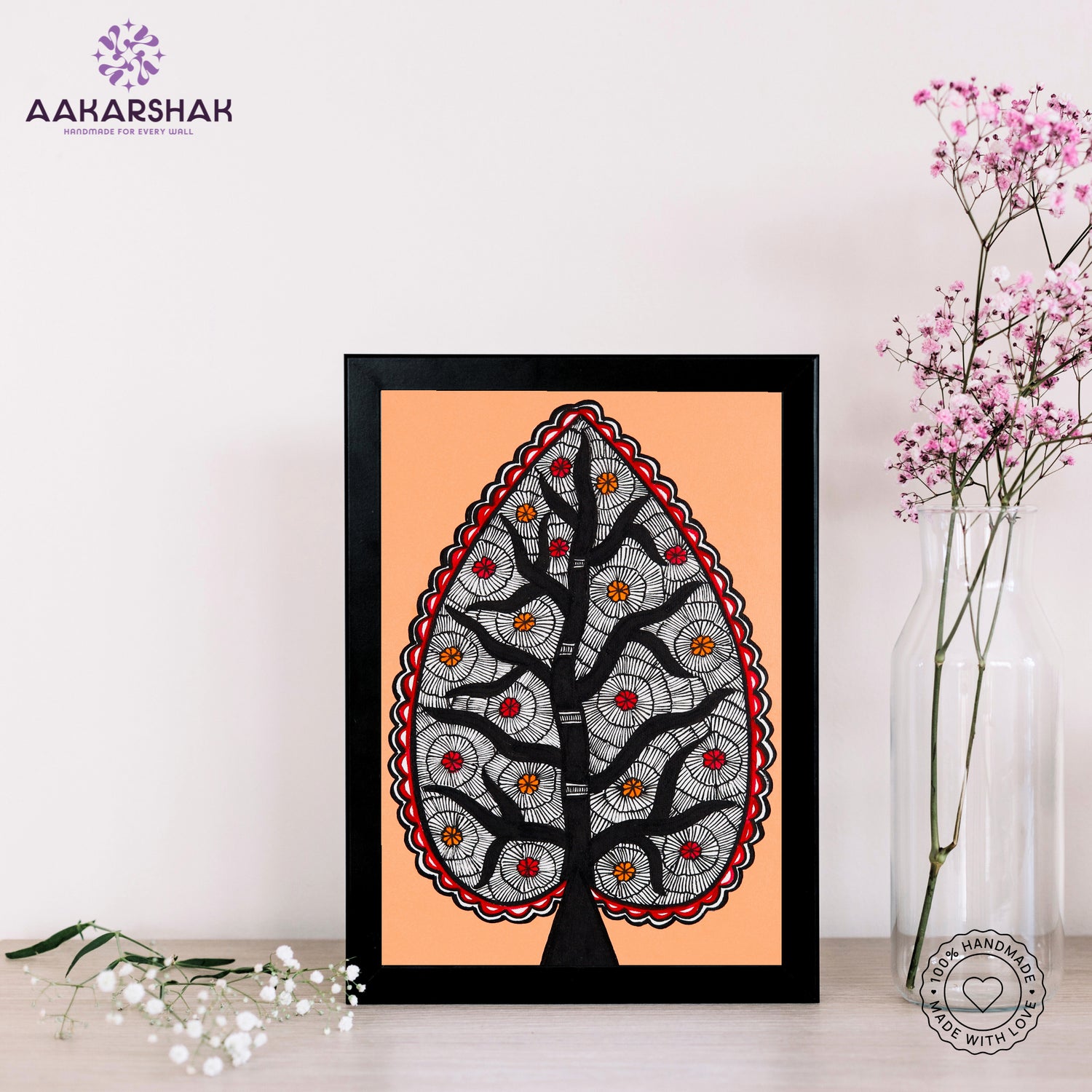 handmade madhubani painting tree of life painting-with tabletop stand for home decor