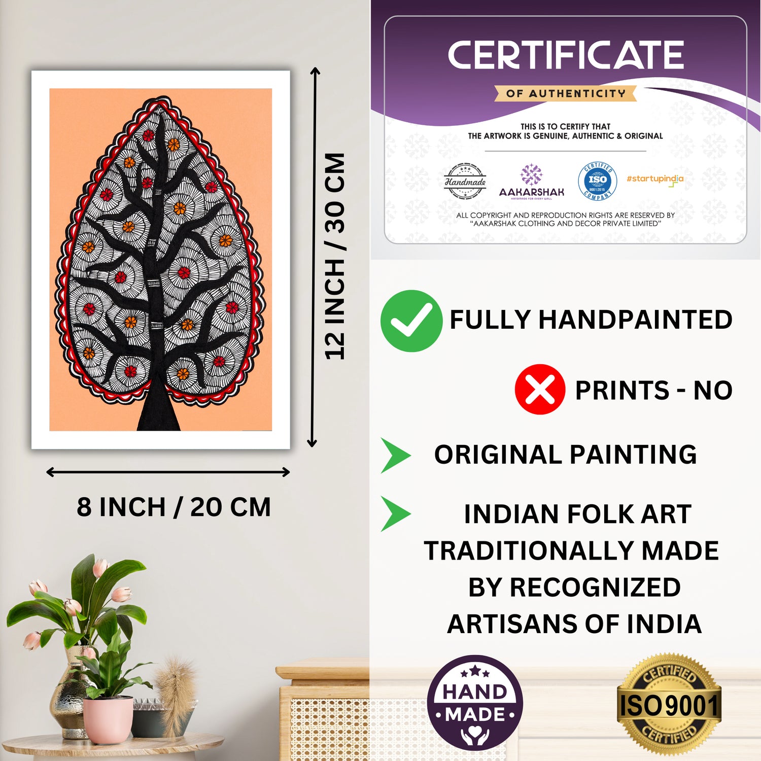 Decorative handmade art with dimensions and authenticity certificate -iso certified tree of life madhubani 