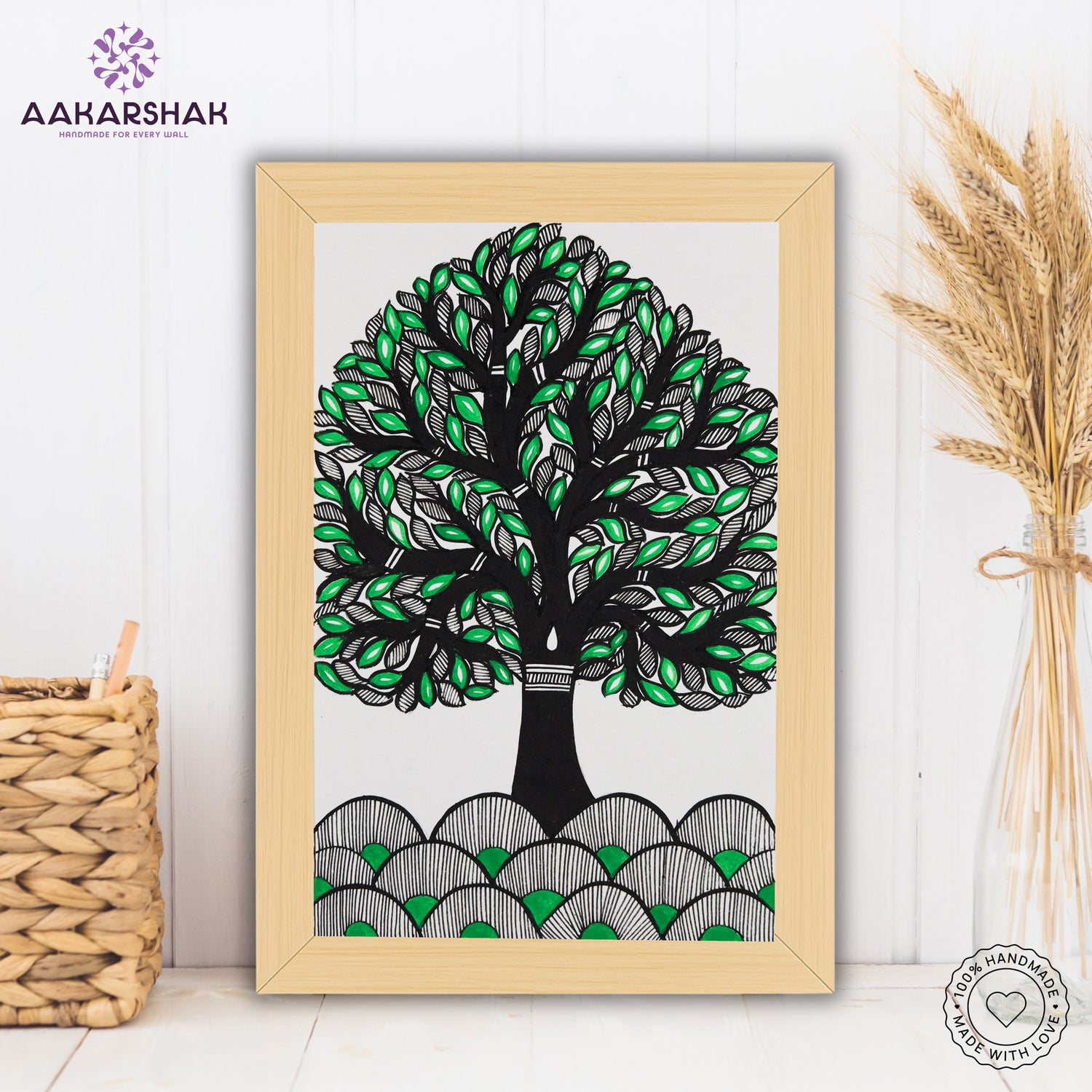 handmade madhubani painting tree of life painting-with tabletop stand for home decor