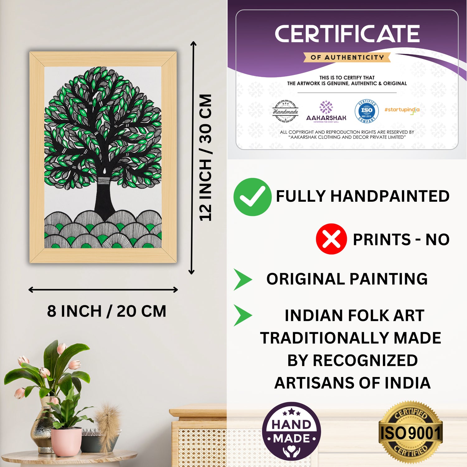 Decorative handmade art with dimensions and authenticity certificate -iso certified tree of life madhubani 