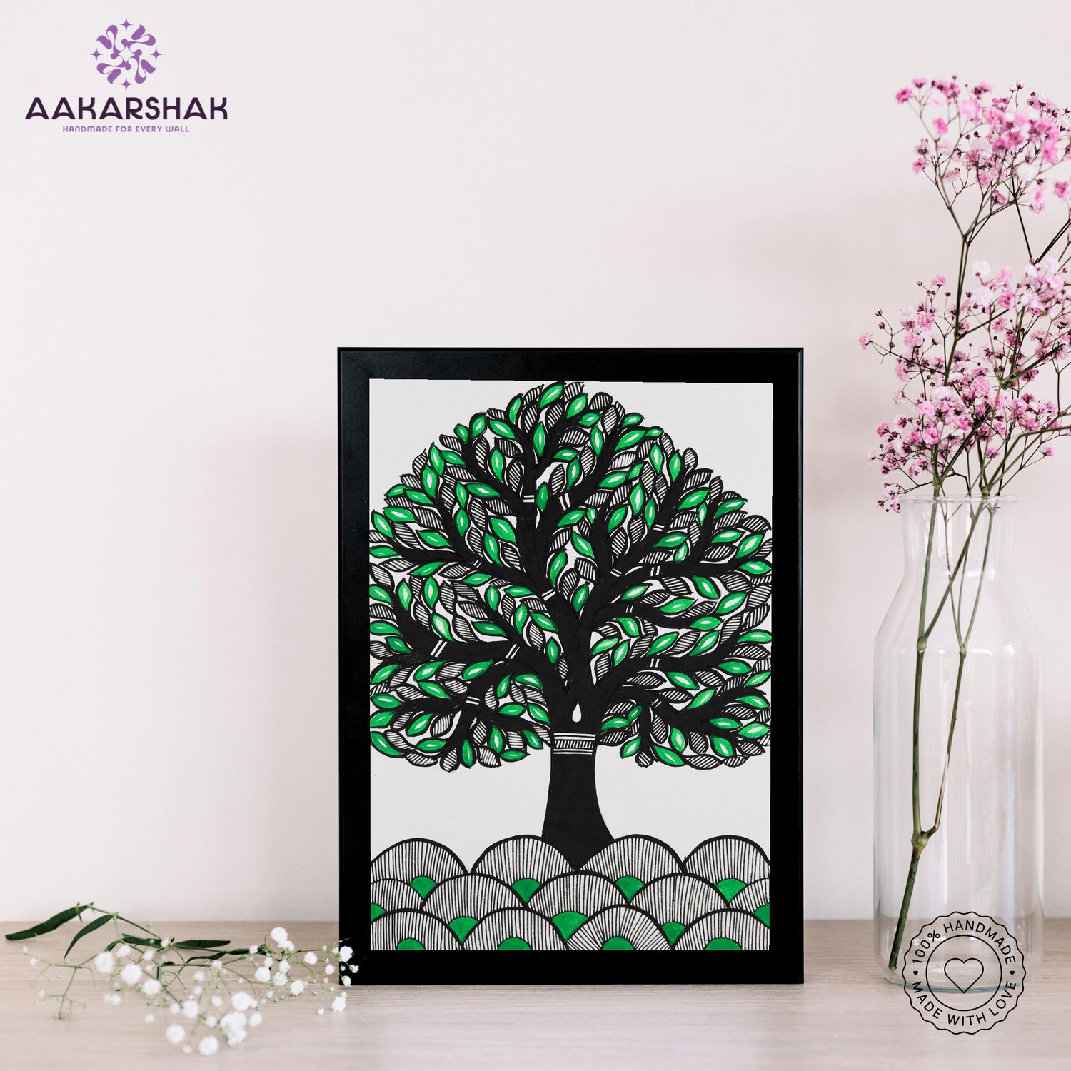 handmade madhubani painting tree of life painting-with tabletop stand for home decor