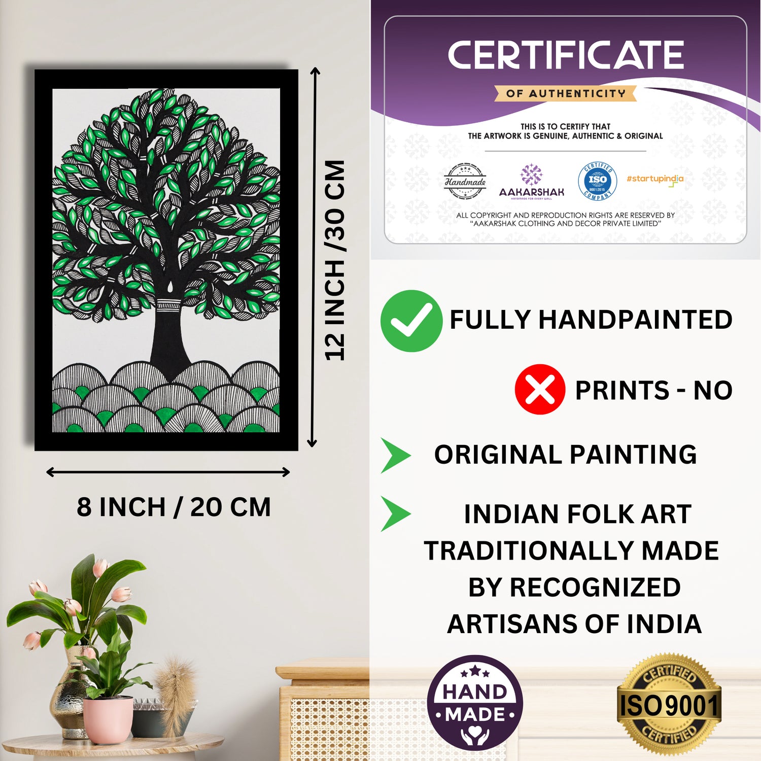 Decorative handmade art with dimensions and authenticity certificate -iso certified tree of life madhubani 