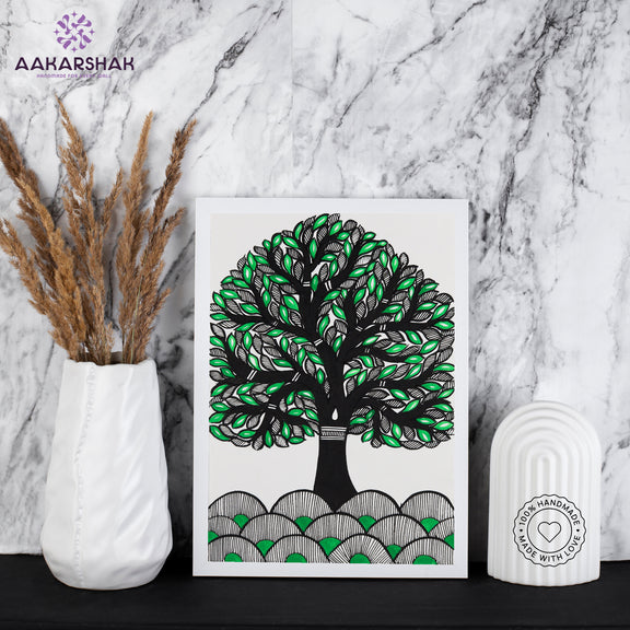 handmade madhubani painting tree of life painting-with tabletop stand for home decor