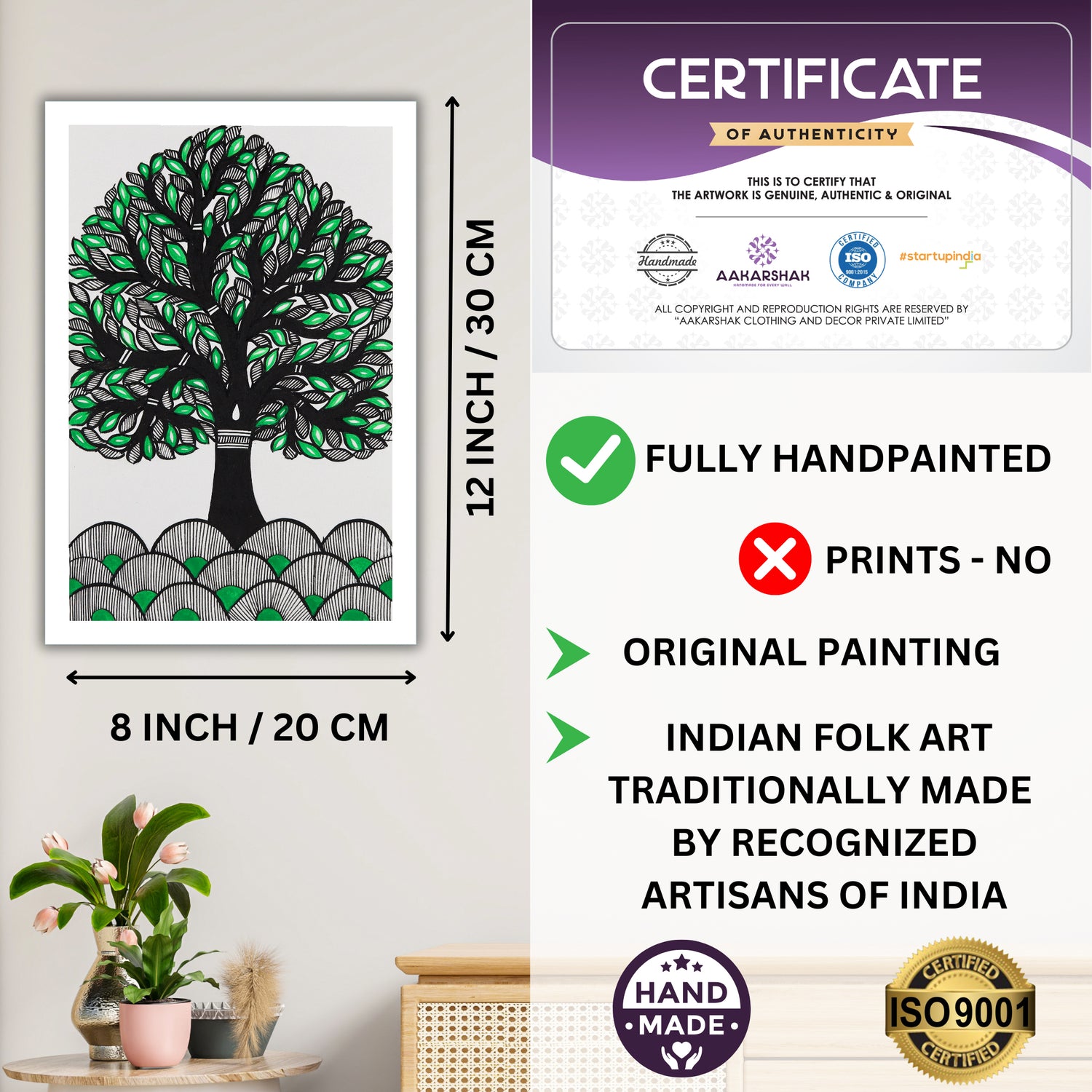 Decorative handmade art with dimensions and authenticity certificate -iso certified tree of life madhubani 