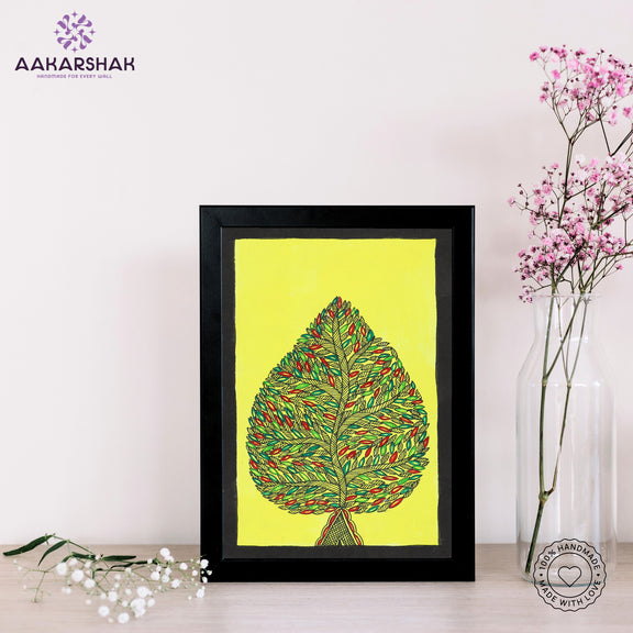 handmade madhubani painting tree of life painting-with tabletop stand for home decor
