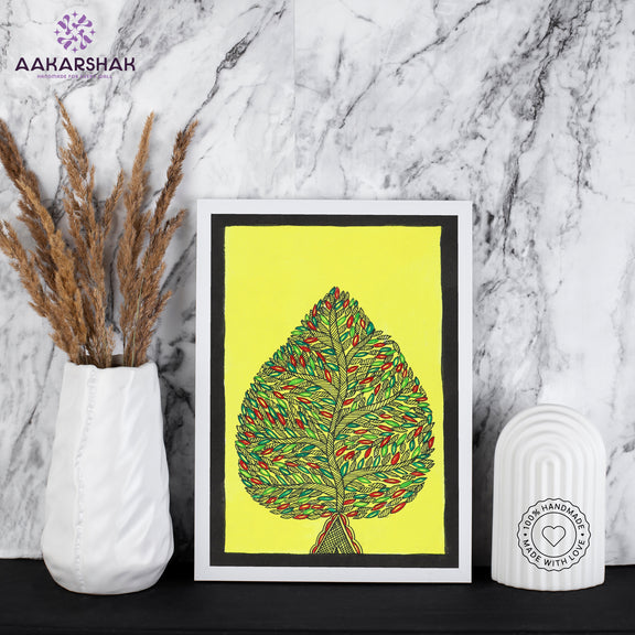 handmade madhubani painting tree of life painting-with tabletop stand for home decor
