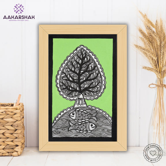 handmade madhubani painting bamboo painting-with tabletop stand for home decor
