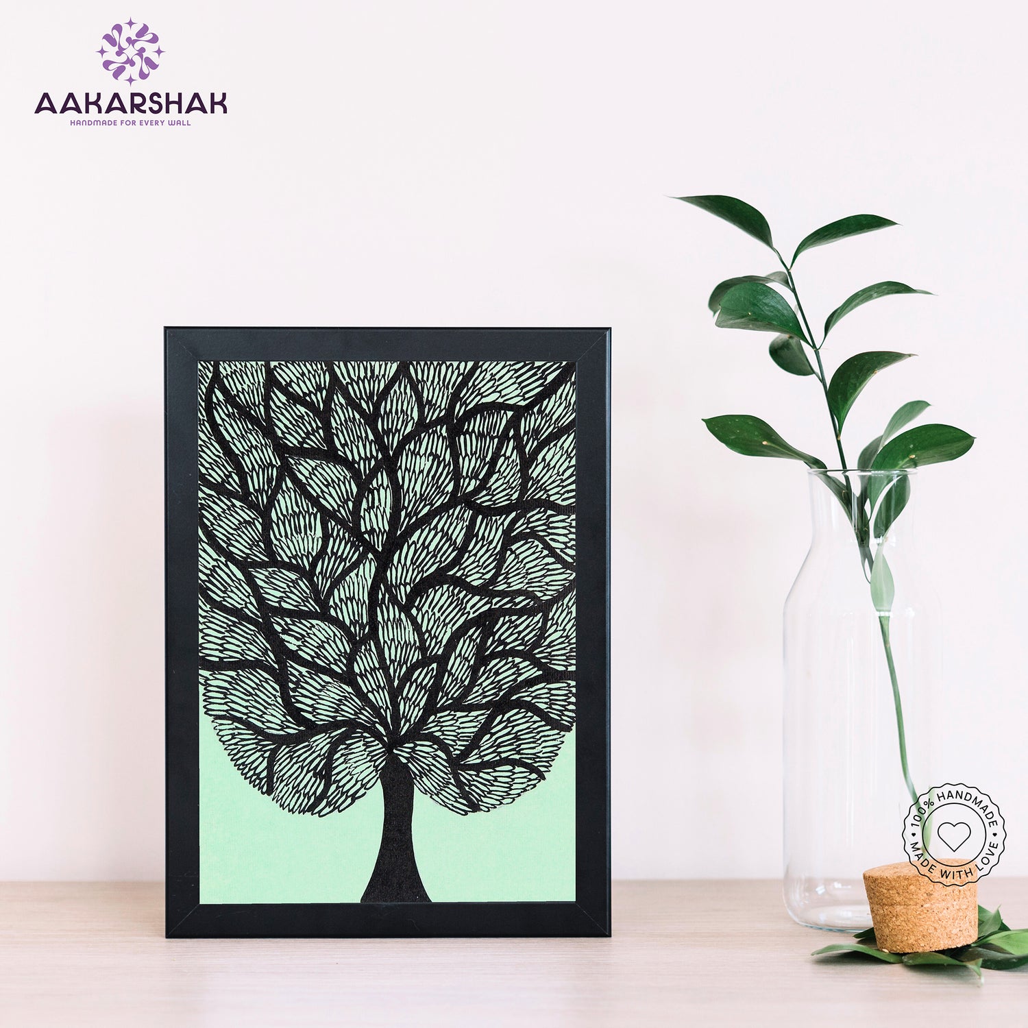 Handmade Madhubani tree of life painting-with tabletop stand for home decor
