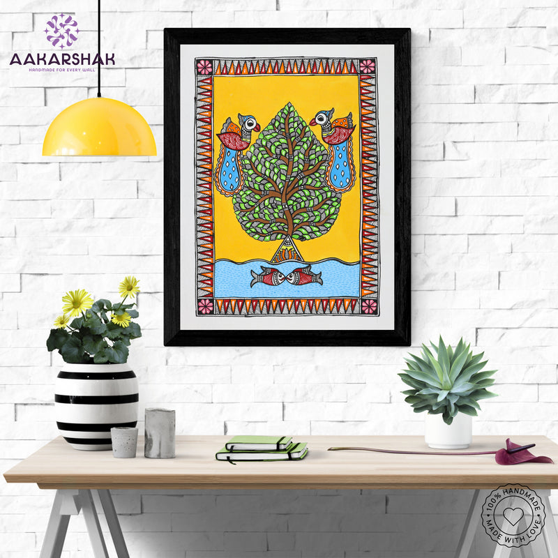 Framed artwork with tree of life design -handmade madhubani painting for home decor