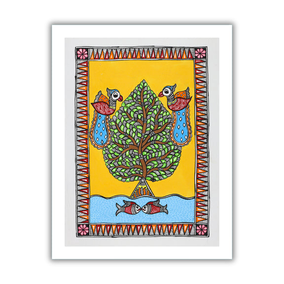 Framed artwork of a colorful tree of life-with handmade madhubani painting 