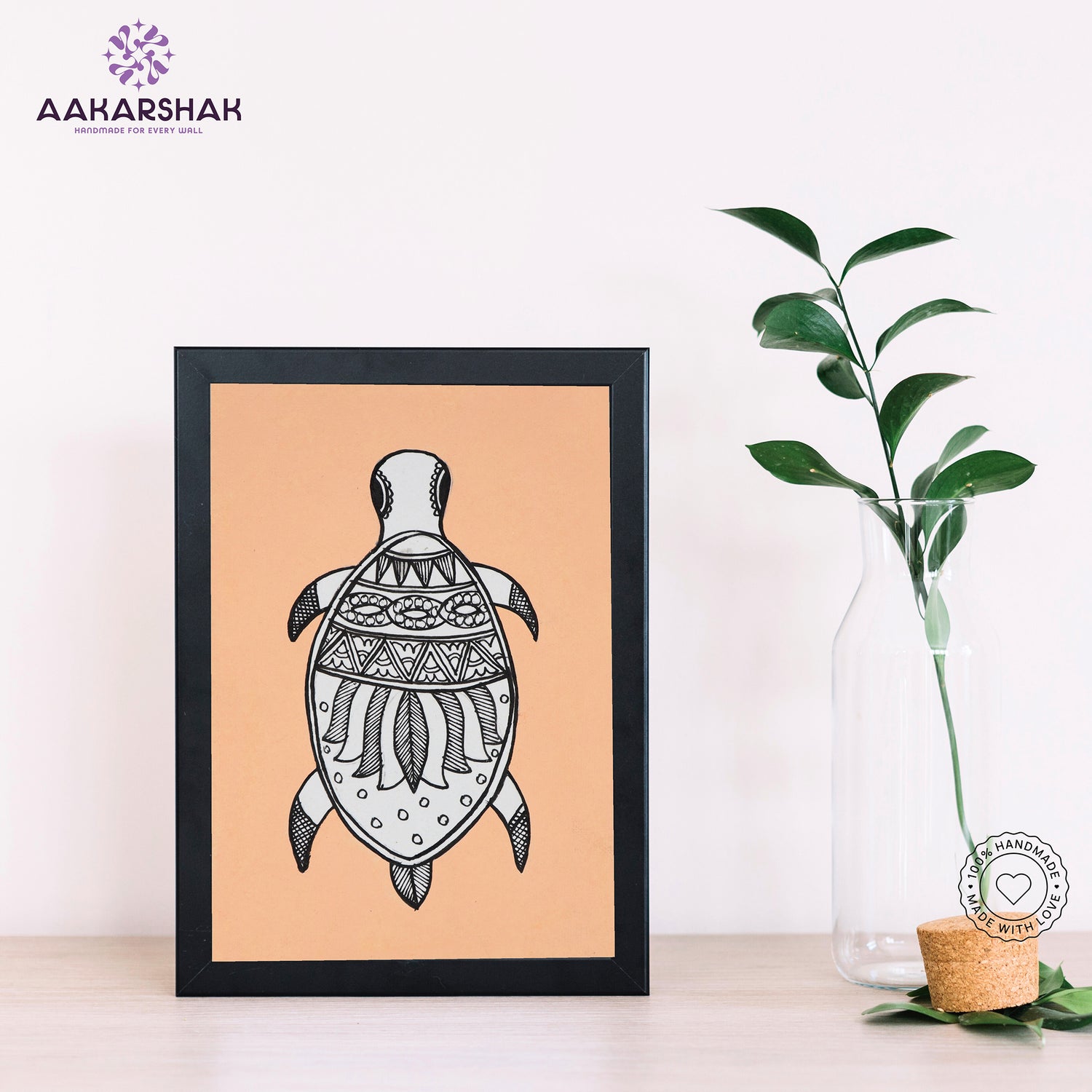 Handmade Madhubani turtle painting-with tabletop stand for home decor
