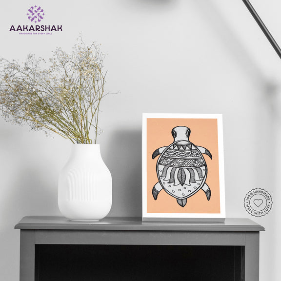 Handmade Madhubani turtle painting-with tabletop stand for home decor
