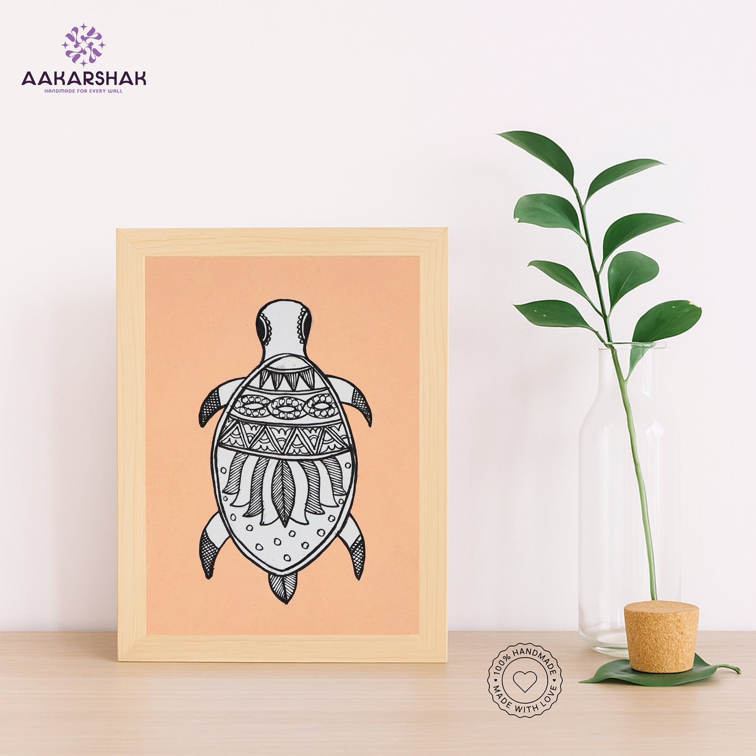 Handmade Madhubani turtle painting-with tabletop stand for home decor
