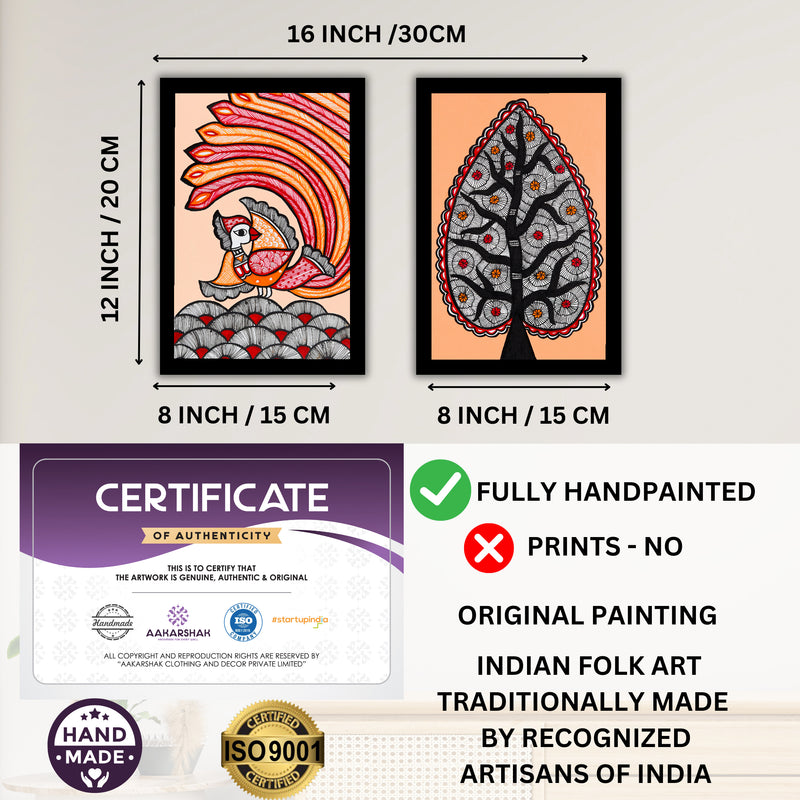 Handmade Peacock and Tree of life Madhubani Painting 8x12 Set of 2