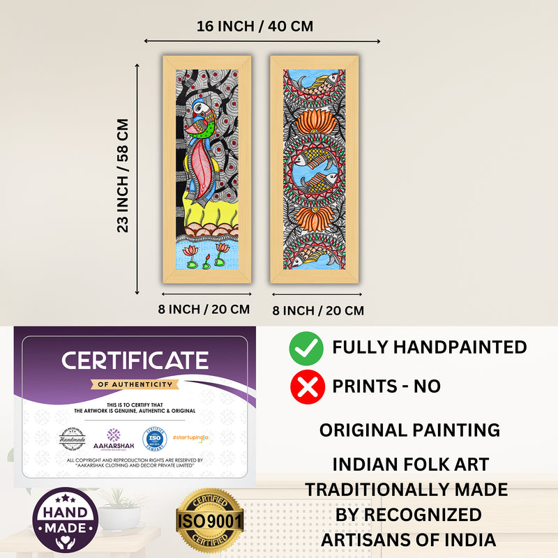 Handmade Madhubani Painting Set of 2 – Peacock and Fish Wall Decor 8x23