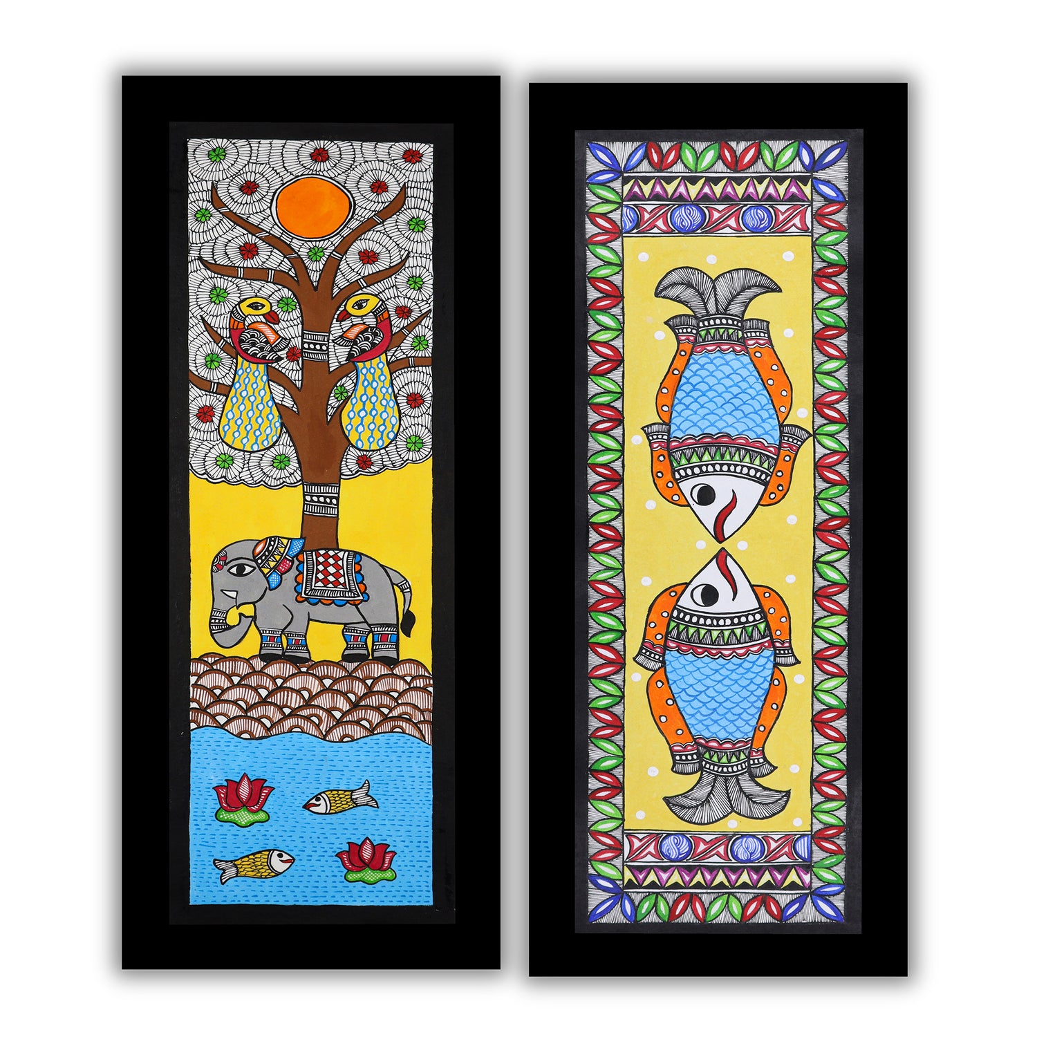 Handmade Madhubani Painting Set of 2 – Elephant & Fish Wall Decor 8x23